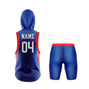 Custom Sublimated Hooded Sleeveless Vest & Shorts Set Moisture Wicking Fitted Sportswear Adult All Seasons Blue Red Dot Pattern - Product Image 4