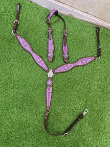 2026 Conjunto de aparejos de alta calidad de cuero de cocodrilo DD hecho a mano, estilo western, con cabezada de una oreja, pechopetral y cabestro morado para caballo - Product Image 1