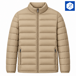 Veste matelassée beige pour homme, col montant, fermeture éclair, coupe-vent, manteau d'hiver décontracté, coupe régulière, extérieur en polyester - Product Image 1