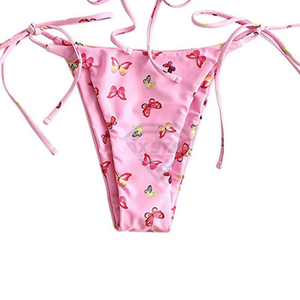 Conjunto de Bikini con Estampado de Mariposas Rosas para Mujer, Traje de Baño Elástico de Dos Piezas, Top Halter con Lazos Laterales y Detalle de Cordón - Product Image 5