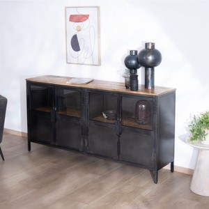 Vandana Autumn Core industrial glass-fronted <b>sideboard</b> in metal and exotic wood, 180 cm - Product Image 3