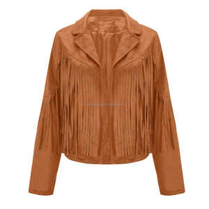 Chaqueta de cuero de ante naranja Vintage para mujer, borla con flecos, estilo vaquero occidental bohemio, solapa de manga larga, viscosa abierta para Otoño e Invierno - Product Image 4