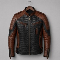 Blouson de moto en cuir véritable pour homme, motif crocodile embossé, marron noir, col montant, coupe ajustée, coupe-vent, fermeture éclair
