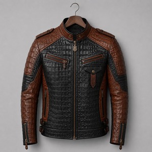 Blouson de moto en cuir véritable pour homme, motif crocodile embossé, marron noir, col montant, coupe ajustée, coupe-vent, fermeture éclair - Product Image 1