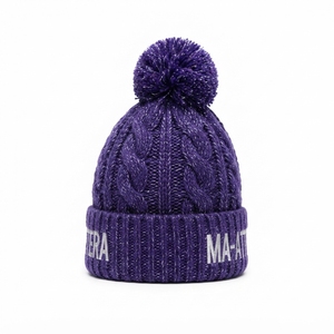 Bonnet en tricot torsadé violet personnalisé, chaud pour l'hiver, avec revers et pompon, et logo brodé - Product Image 5