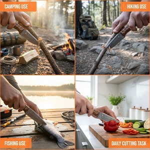 Cuchillo de Camping Hecho a Mano en Acero de Damasco con Hoja de Punta Caída, Mango de Madera Grabado y Funda de Cuero (8 pulgadas de largo total) - Product Image 6