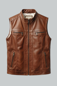 Men's <b>Brown</b> Genuine Leather Casual Lace Spring Moto <b>Vest</b> V-neck Zipper Closure Solid Color Outerwear Plus Size Regular Fit - Product Image 4