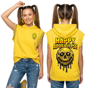 เสื้อฮู้ดซิปสีเหลืองลายกราฟิกหนังสือการ์ตูนซอมบี้ โลโก้หน้าละลาย สไตล์วินเทจ สีซีดจางแบบซันเฟด - Product Image 4