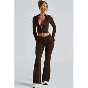 Activewear Women's Sportswear Embroidered Long <b>Flared</b> Pants Workout <b>Leggings</b> Gym Fitness Zipper Jacket Two Piece Yoga Sets - Product Image 1