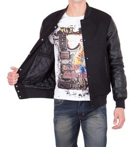 Chaqueta de Béisbol Universitaria para Hombre, de Cuero Vacuno Negro con Mangas de Cuero y Cuerpo de Lana Negra, con Parches Bordados OEM - Product Image 3