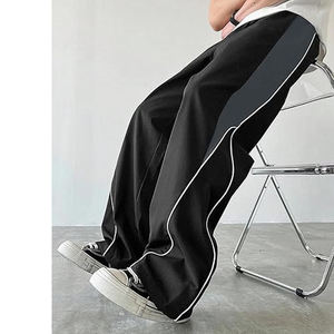 Pantalon de survêtement noir léger à jambe large, taille mi-haute avec cordon de serrage, coupe droite, bandes latérales contrastées, style streetwear décontracté pour homme - Product Image 5