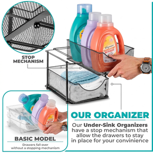 Organisateur sous évier à 2 niveaux - Étagère de rangement coulissante en maille pour salle de bain et comptoir de cuisine en acier carbone - Product Image 4