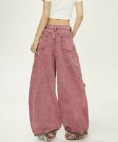Celana Jeans Wanita Model Patchwork Gaya Etnik, Warna Pink, Bahan Tebal, Efek Distressed, Kaki Lebar, Longgar, Musim Semi/Gugur