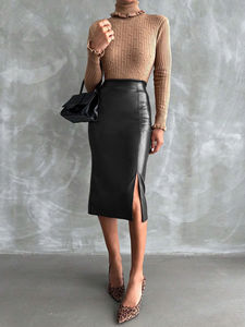 Falda elegante ajustada de color marrón oscuro para mujer, falda corta de piel sintética 471 - Product Image 4