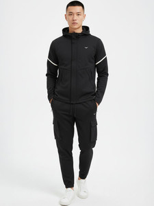 Men's Black Hooded Tracksuit Set Full Sleeve <b>Zipper</b> <b>Jacket</b> Pants Solid Color Sporty Slim Fit Summer Wear Acid Wash Printed - Product Image 6