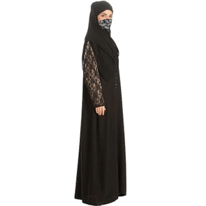 Abaya noire à manches longues et longueur ras du sol avec appliques en dentelle, robe modeste pour femme, tenue quotidienne, coupe ample, en polyester - Product Image 1