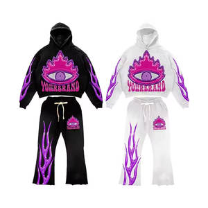 Ensemble de survêtement évasé personnalisé pour homme, style streetwear, avec impression 3D en relief, comprenant un sweat à capuche et un pantalon de jogging, à ourlet brut, motif graphique, décontracté - Product Image 3