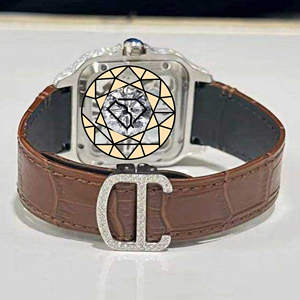Skeleton Dial Two-Tone Stainless Steel <b>Case</b> Quartz Movement 46mm Mens Fashion <b>Watch</b> Brown Leather Strap Fully Iced Square Gold - Product Image 4