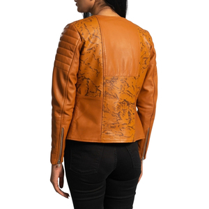 Chaqueta de Motociclista de Cuero Genuino Color Bronceado para Mujer, con Cuello Alto y Cierre, Estilo Biker, con Estampado - Product Image 4