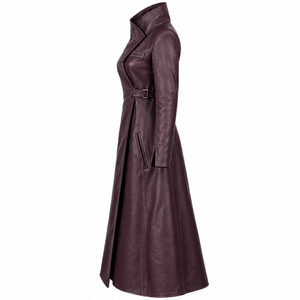 Dark Plum <b>Leather</b> Wrap Duster <b>Coat</b> Cross Collar Buckle Waist Long <b>Trench</b> Outerwear Womens Custom Oem Odm Supplier - Product Image 4