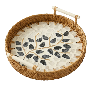 Plateau rond en rotin tressé à la main avec coquillages mosaïques, plateau alimentaire avec poignée en bois, décoration murale, vente en gros - Product Image 1