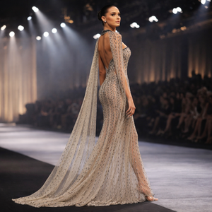 Robe de soirée de luxe en mauve, ornée de perles à la main, pour femmes |   Robe de soirée et de mariage élégante, longue, sans manches, avec broderie et cape - Product Image 2