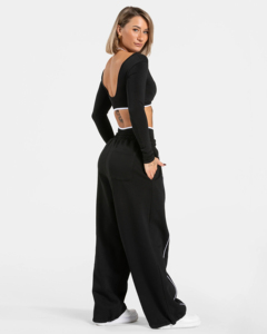 OEM Pantalon de jogging pour femme à jambe large, coupe ample, taille mi-haute, pantalon de survêtement décontracté, pantalon de détente, streetwear, hiver, motif peint, marque privée, noir - Product Image 5