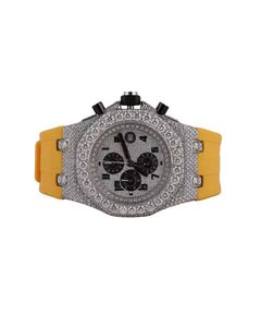 Luxury <b>diamond</b> wristwatch with yellow rubber strap gemstone encrusted bezel multiple subdials sporty elegant jewelry timepiece - Product Image 1