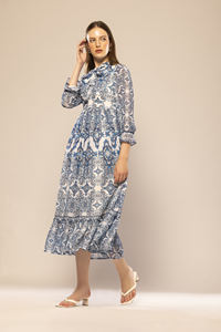 Vestido Largo Azul Estampado de Manga Larga, Diseño de Moda, Vestido Casual de Fiesta para Mujer, Disponible a Precio de Mayoreo - Product Image 4