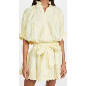 Vestido de popelina amarillo de primera calidad para mujer, popelina con bordado Ric Rac, dobladillo festoneado, Túnica Bohemia elegante para niña 2022 - Product Image 2