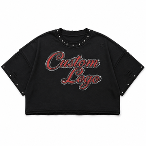 Camiseta Corta Unisex de Algodón 100% al por Mayor, Estampada con Serigrafía, Pedrería y Efecto Desgastado, Cuello Redondo, Estilo Urbano de Verano - Product Image 1