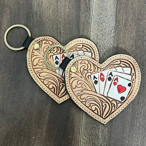 <b>Custom</b> Hand Tooled Leather Heart Keychain Card Design Handmade Genuine Cowhide Leather <b>Key</b> Ring Rodeo Gift Accessory for Unisex - Product Image 4