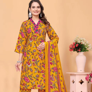 ชุดคุर्ตาพิมพ์ลายคอวีสีเหลืองสำหรับผู้หญิง คอลเลคชั่น Magic แฟชั่นรักษ์โลกและยั่งยืน ขายส่ง ไซส์ S ถึง 3XL - Product Image 1