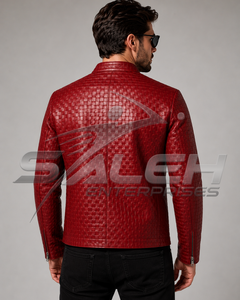 Chaqueta de Cuero Genuino Rojo Premium de Saleh Enterprises, con Patrón de Cesta Tejida en Relieve, Cuero Vacuno de Lujo, Resistente al Viento y Ecológica para Invierno - Product Image 2
