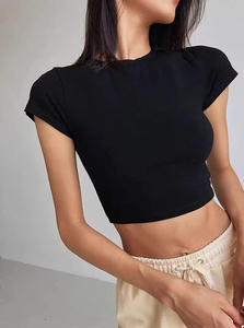 Camiseta Corta de Punto para Mujer, Color Gris, Manga Corta, Cuello Redondo, Ajustada, Estilo Primavera-Verano - Product Image 6