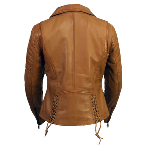 <b>Womens</b> <b>Tan</b> Leather Motorcycle Biker <b>Jacket</b> Quilted Long Sleeve Zipper Windproof Coat Quality Custom Design Wholesale Supplier - Product Image 4