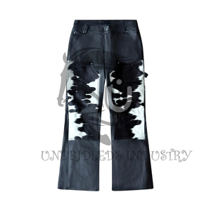 Pantalon d'hiver pour homme en cuir de vache véritable à double genouillère, style hip-hop, noir et blanc, coupe-vent et respirant - Product Image 2