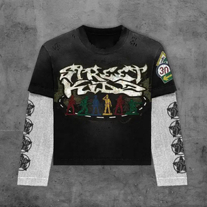 T-shirt vintage pour homme à manches longues double couche, délavé à l'acide, effet vieilli, avec logo personnalisé sérigraphié, en coton coupe ample - Product Image 4