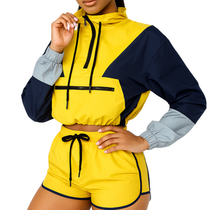 Women Color Blocking Tracksuit Set Half-<b>Zip</b> Hoodie <b>Shorts</b> Quick Dry Lightweight Sporty Loose Fit Summer Casual Wear - Product Image 2