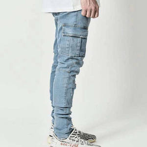 Pantalones Cargo de Mezclilla para Hombre, Corte Slim, Cintura Alta, Lavado Oscuro, con Múltiples Bolsillos, Estilo Casual, para Otoño - Product Image 2