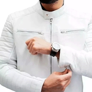Chaqueta de Motociclista para Hombre, de Cuero PU Blanco, Cuello Alto, Cierre de Cremallera, Corte Ajustado, Manga Regular - Product Image 3