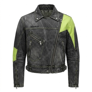 Veste en jean noire délavée pour homme Dravelle, style motard, respirante, avec panneau vert néon personnalisé, fermeture éclair asymétrique, streetwear cyberpunk - Product Image 1