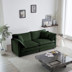 Divano Moderno a Due Posti in Tessuto Ciniglia Verde per Soggiorno, Grande Dimensione con 4 Cuscini Imbottiti - Product Image 1