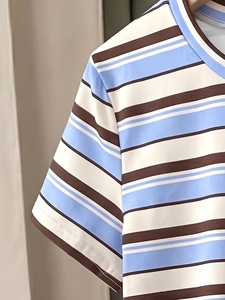 Women Striped 2 Piece Shorts Set Short Sleeve Crew Neck Tee Side Split Loose Fit Casual Daily Wear Spring Summer Cotton Knitted - Product Image 5