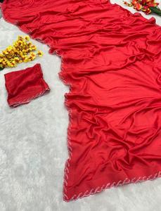 Sari de Seda Chinon Premium con Bordado de Piedras Jarkan Hecho a Mano, Borde Festoneado, Diseño de Alta Costura para Bodas, Ropa Tradicional India para Fiestas - Product Image 6