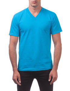 T-shirt décontracté chic pour homme, couleur turquoise, manches courtes, col en V, 100% coton, respirant, écologique - Product Image 1