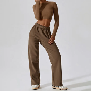 Ensemble de hauts courts à manches longues pour femmes, tricotés en spandex et polyester, col rond, couleur unie, respirant, à porter toute l'année - Product Image 3