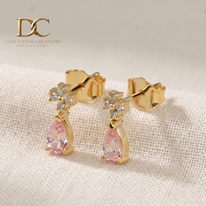 Pendientes de Oro Amarillo Sólido de 14 Quilates con Diamante Cultivado en Laboratorio Certificado por IGI y Zafiro Padparadscha para Mujer, Regalo para Cualquier Ocasión - Product Image 4