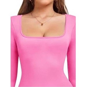 Women Pink Long Sleeve Square Neck Knitted Top Basic Solid Color Daily Wear Regular Fit - Product Image 1