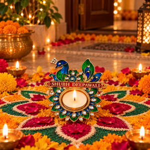 Diya en laiton avec motif paon et travail miroir Shubh Deepawali pour la décoration de la maison, la Puja, la décoration festive et les cadeaux, décoration traditionnelle - Product Image 3